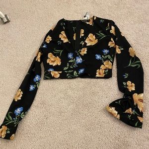 Floral long sleeve deep-neck top